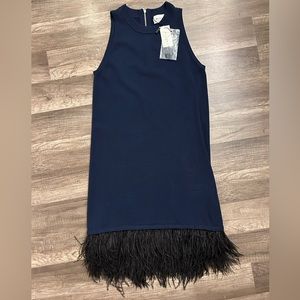Milly 🖤 Navy Blue Knit Dress Ostrich Feathered Trim Shift Dress Cocktail